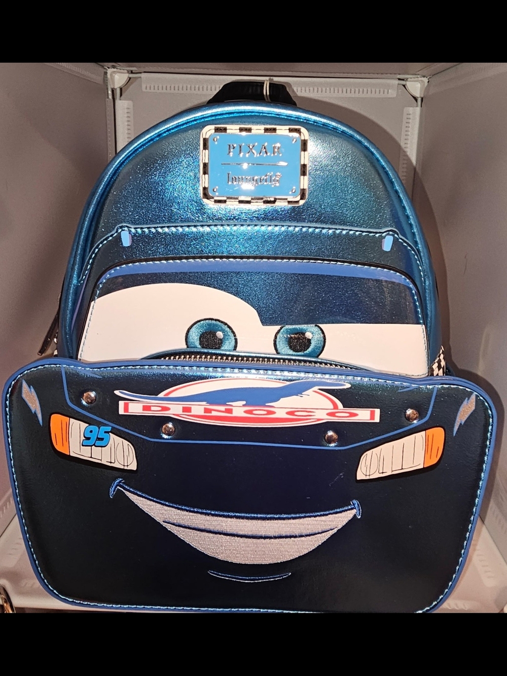 Loungefly Metallic Blue Pixar Cars Lightning McQueen Dinoco Backpack